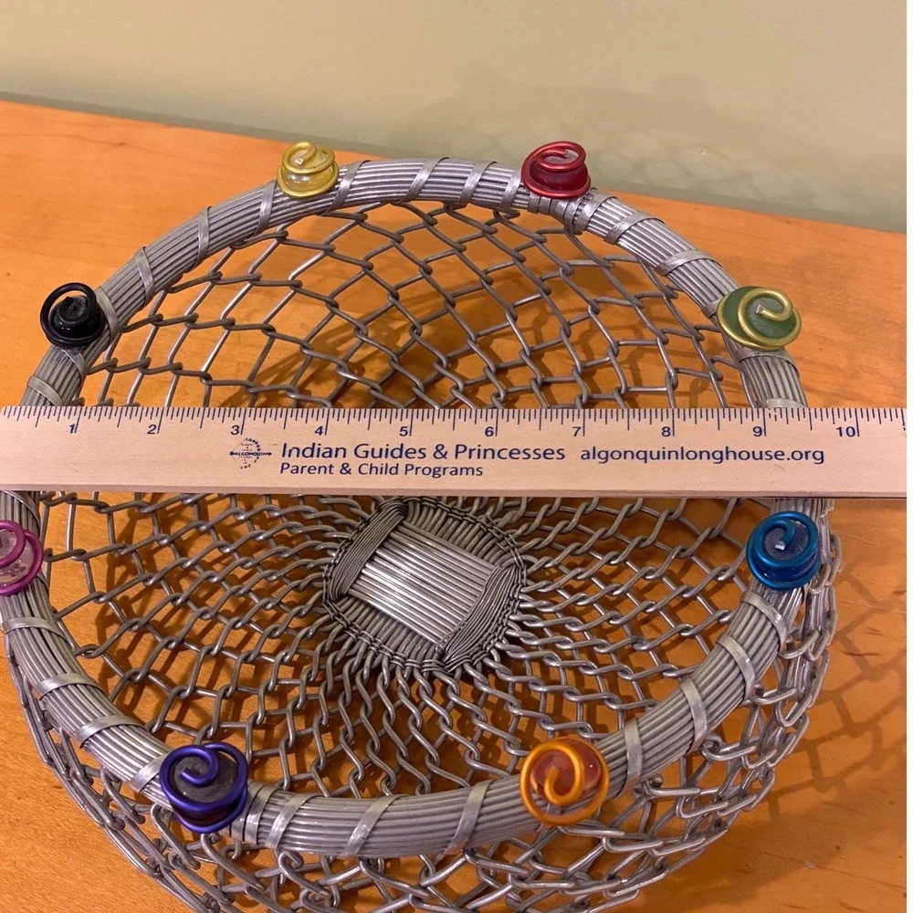Woven Metal Wire Basket Silver Chain Link Fruit Bowl with Colorful Accents